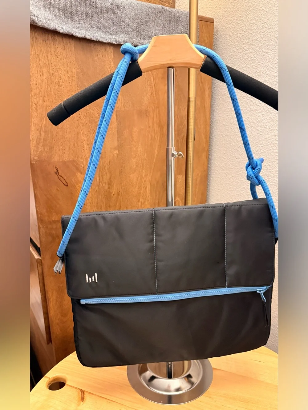 Black Messenger Bag for tablet or laptop with blue rope style shoulder strap